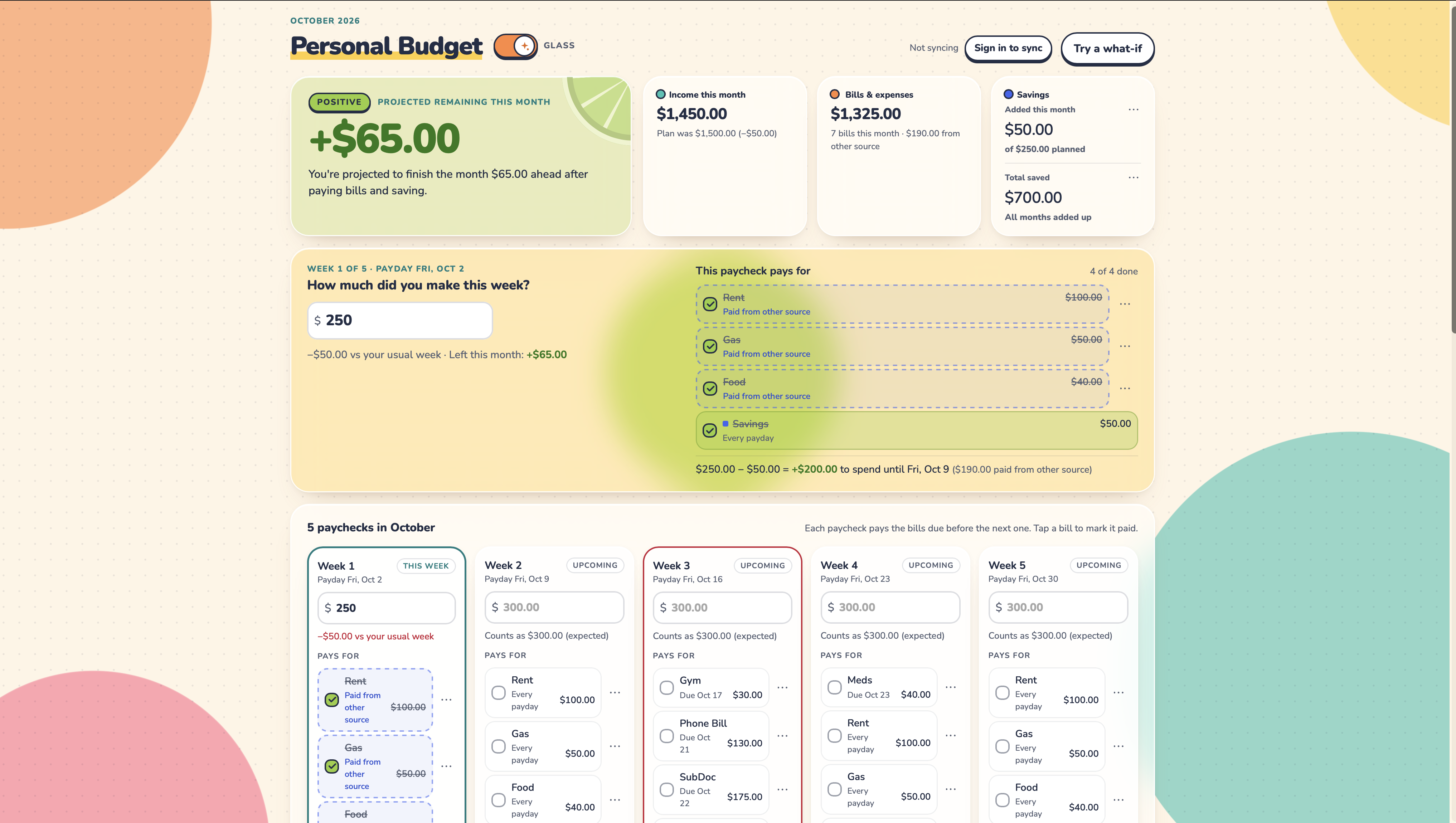 MyBudgetDash summary, this week card, and paycheck cards on desktop