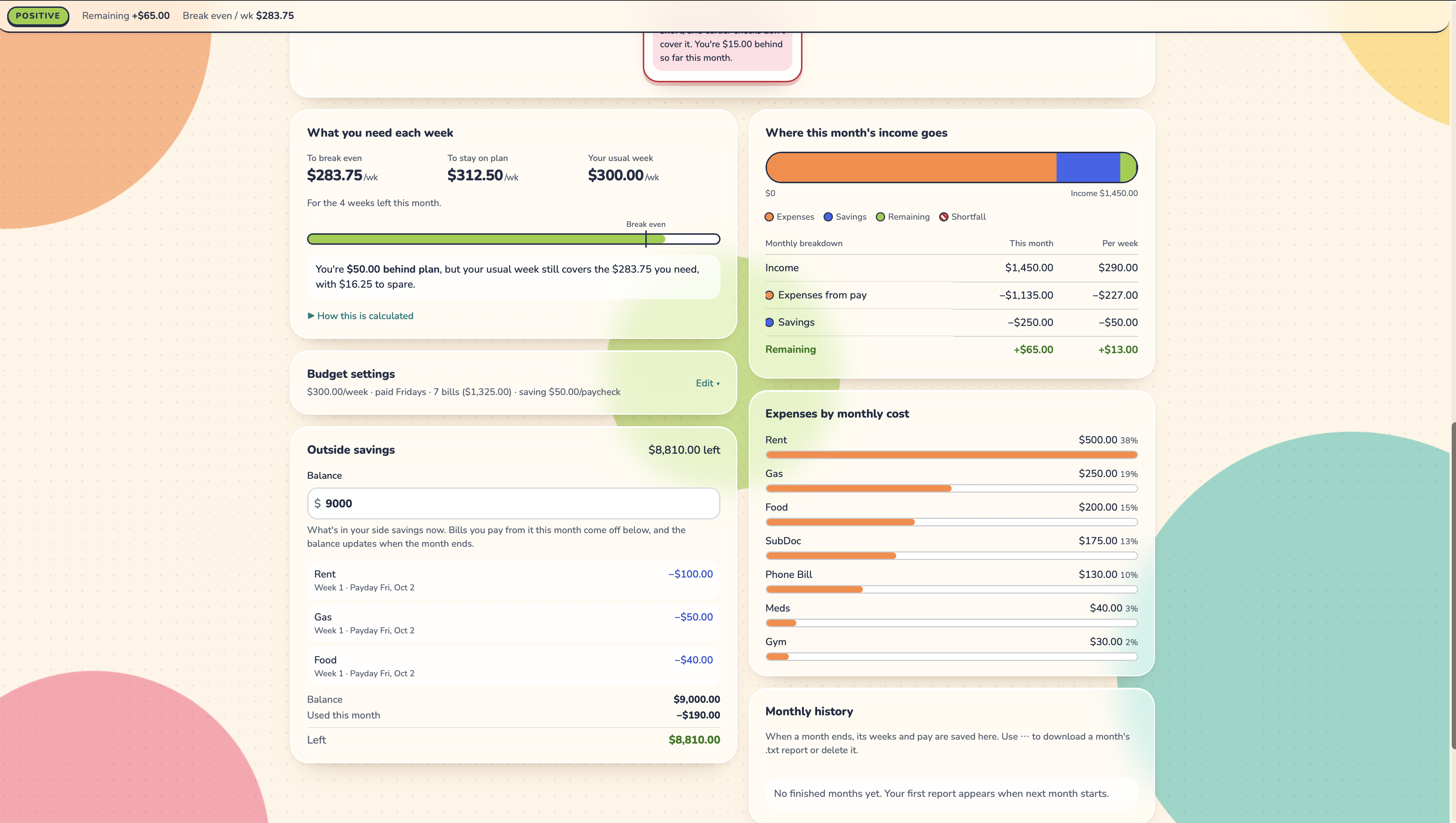 MyBudgetDash weekly targets, outside savings, and income breakdown on desktop