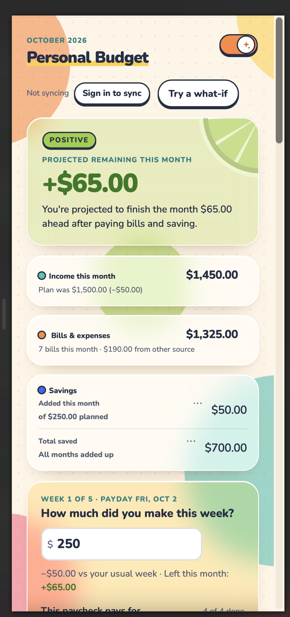 MyBudgetDash summary and this week card on a phone