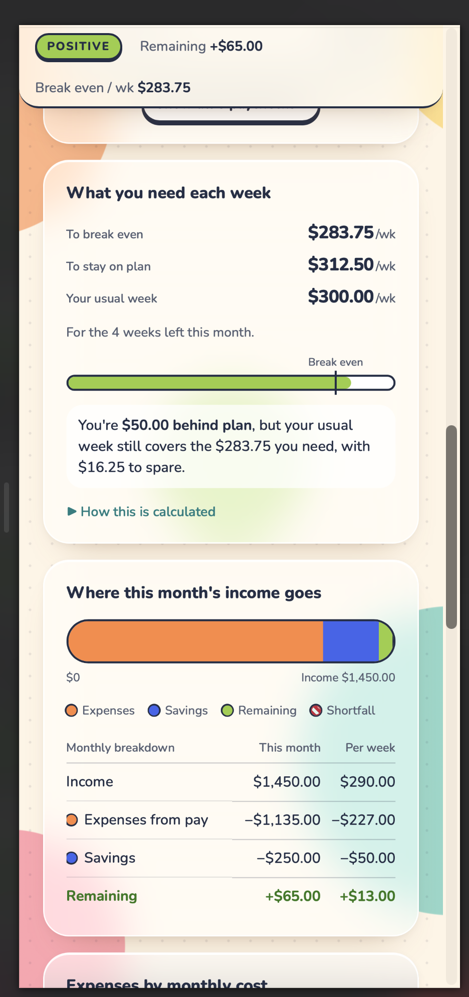 MyBudgetDash weekly targets and income breakdown on a phone