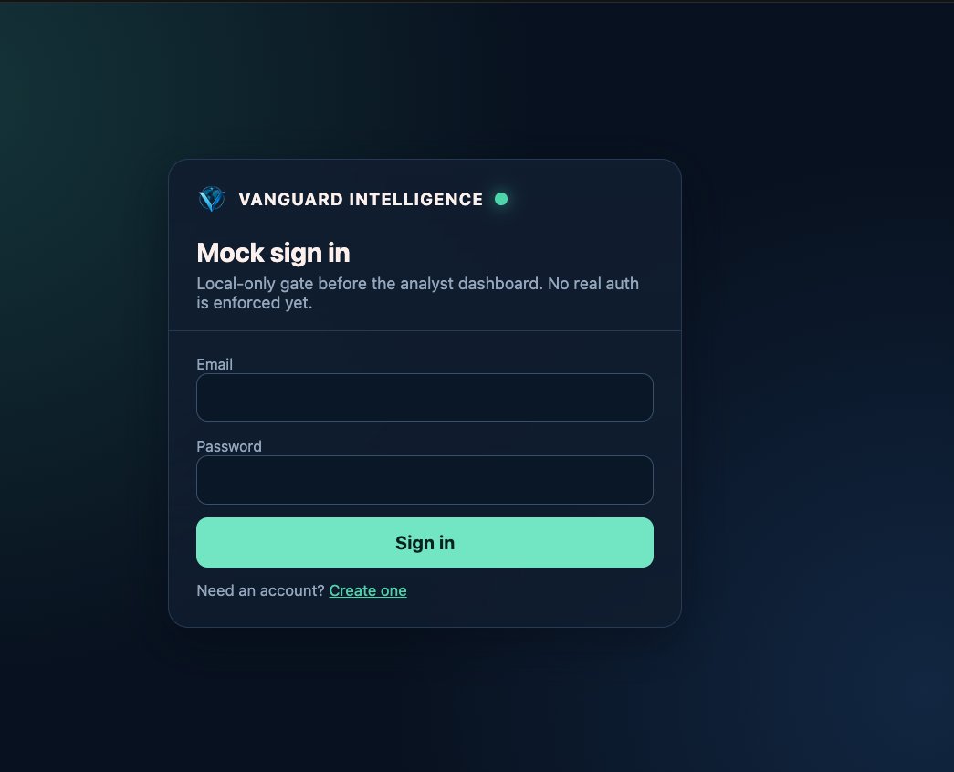 Vanguard Intelligence mock sign-in screen