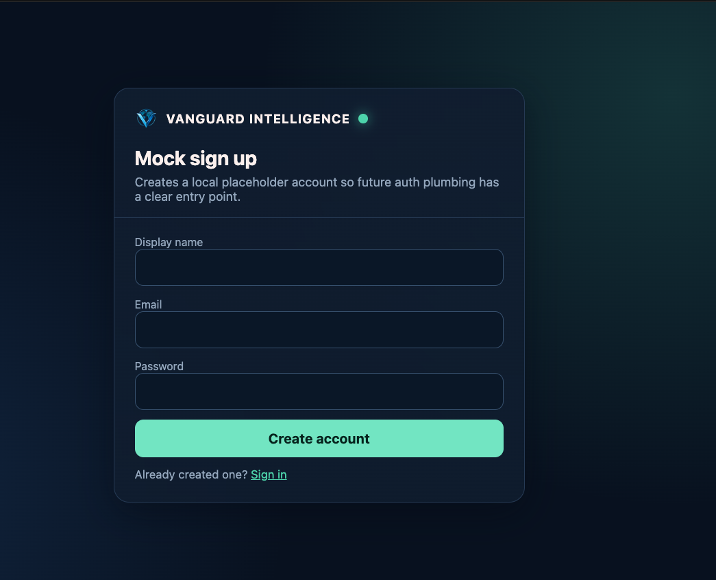 Vanguard Intelligence mock sign-up screen
